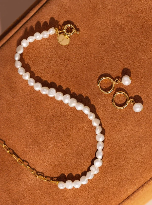 New SINGULARU Pendientes Aro Pearl Plata Baño Oro